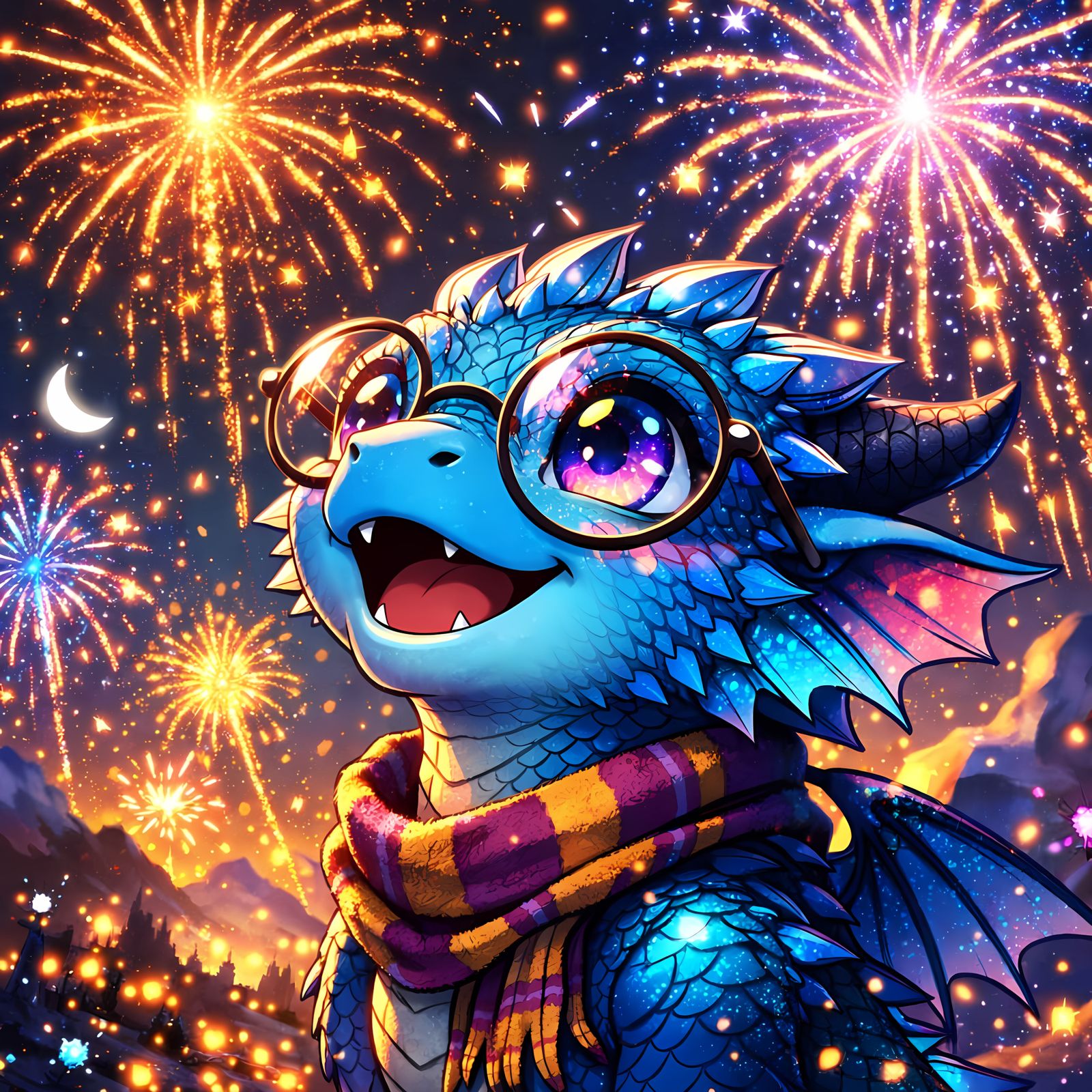 Adorable Blue Dragon Gazing at Fireworks