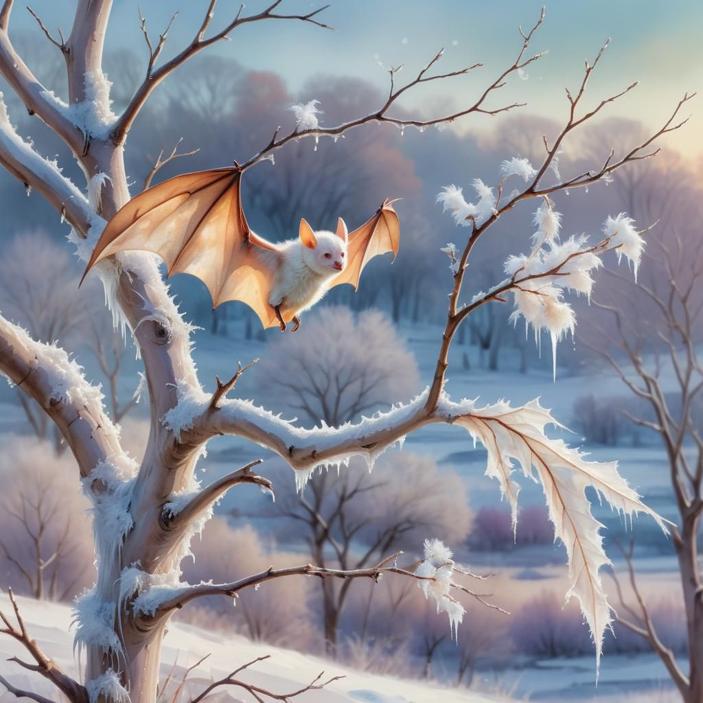 Albino Bat in Winter Wonderland: Watercolor Art