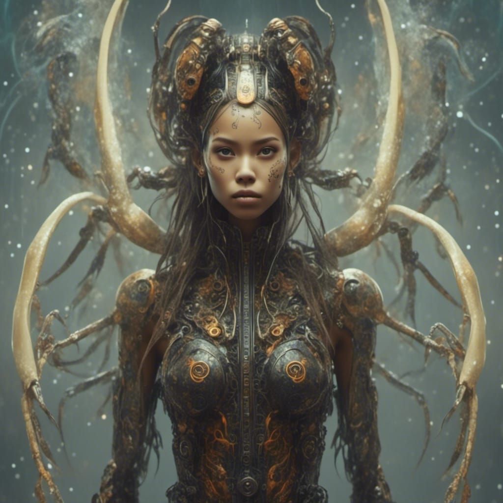 "a squid based cyborg young woman with lobster tattoos <lora...