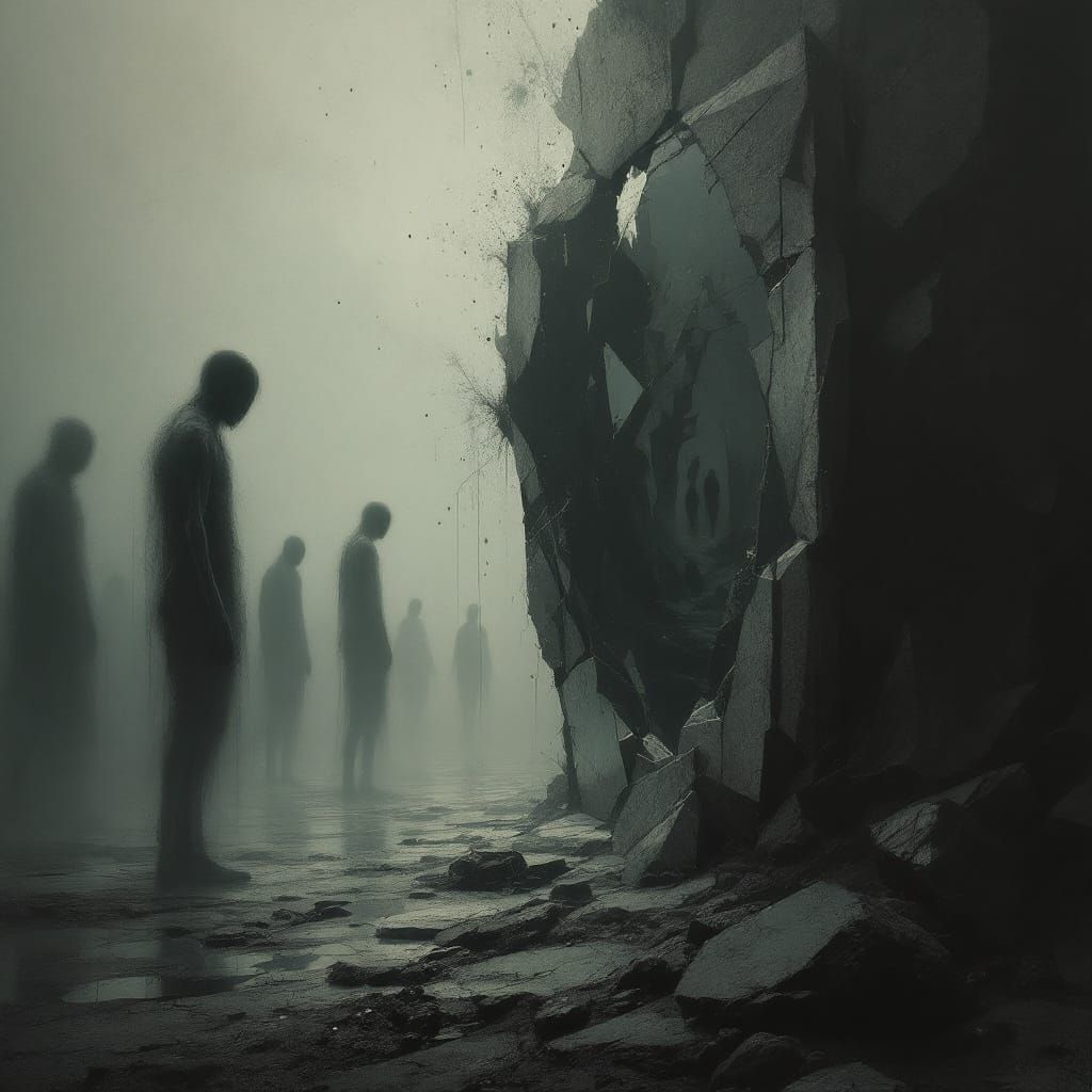 Surreal Landscape of Fragmented Mirrors and Ghostly Figures