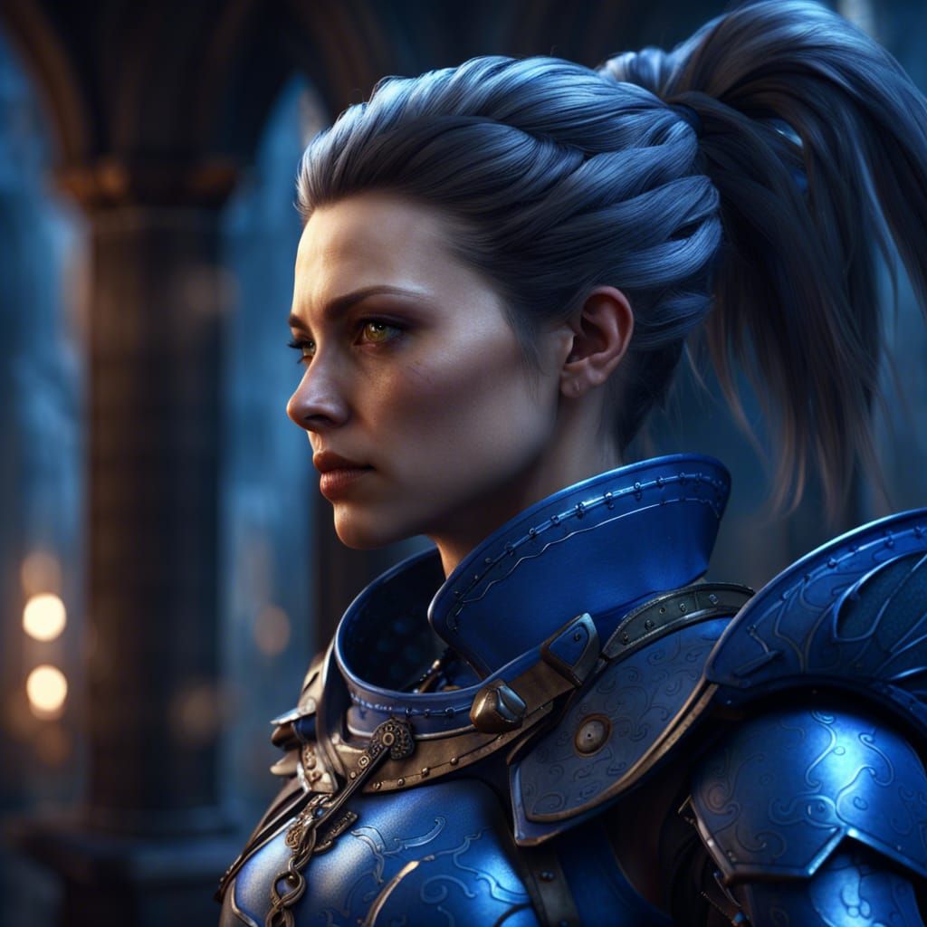 Detailed Female Assassin in Blue Armor