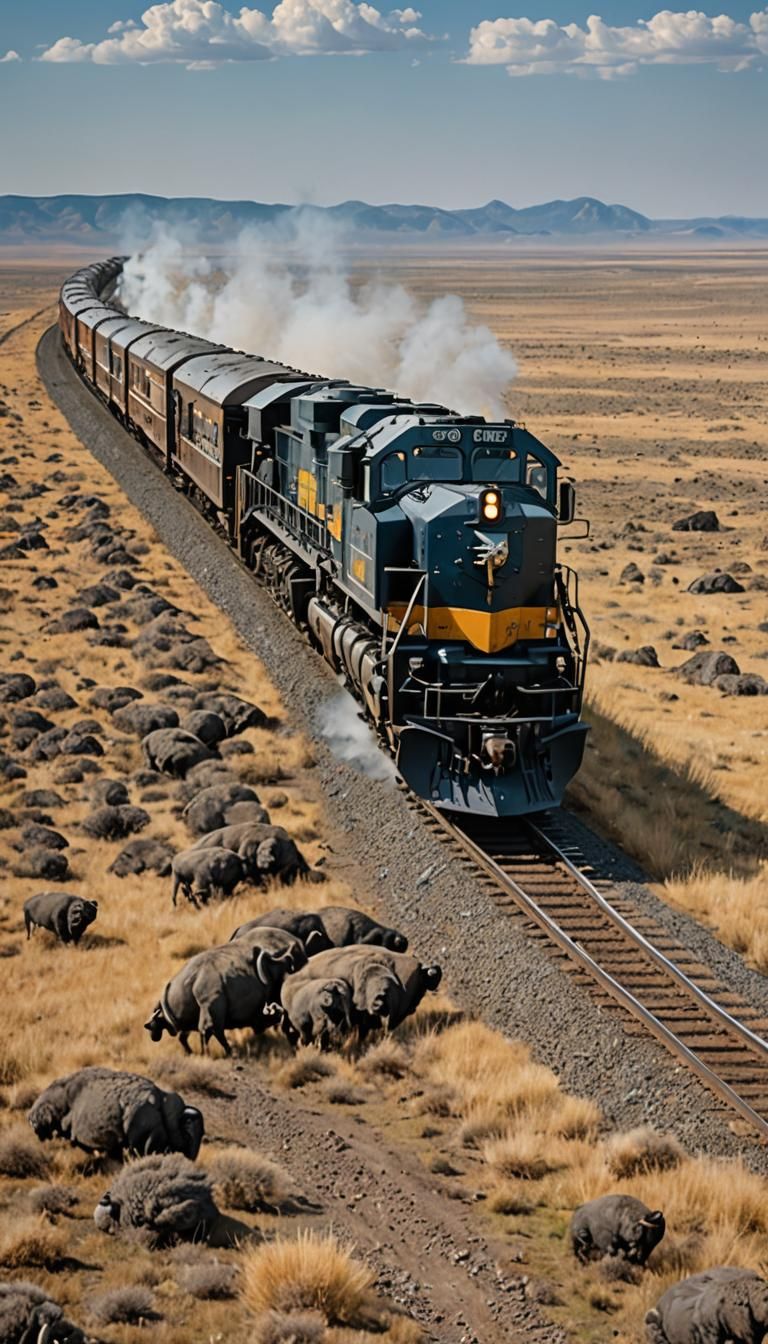 A massive buffalo integrated with a freight train, where the...