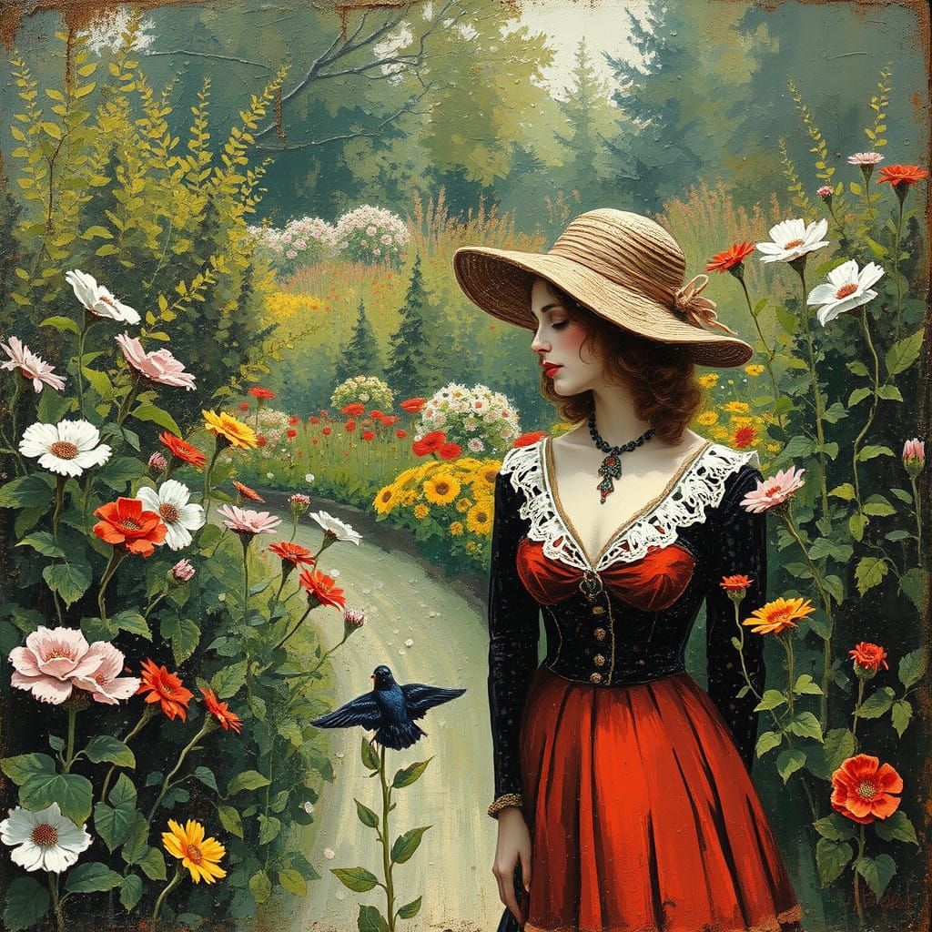 Steampunk Garden Scene with Vintage Lovers