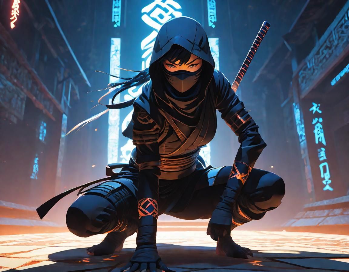 Mysterious Female Ninja with Magic Runes in Anime Style