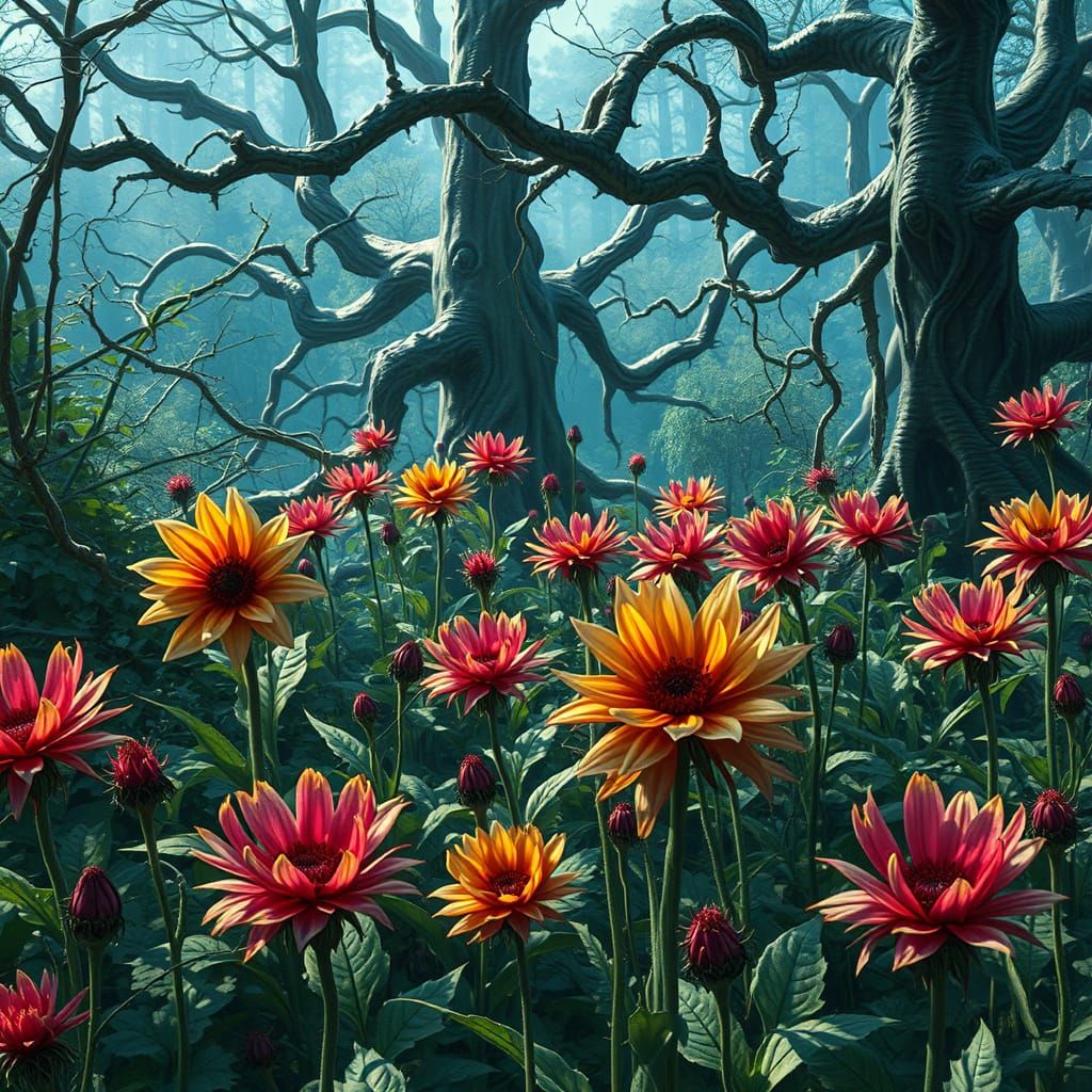 Surreal Garden of Thorny Vines and Unblinking Flowers