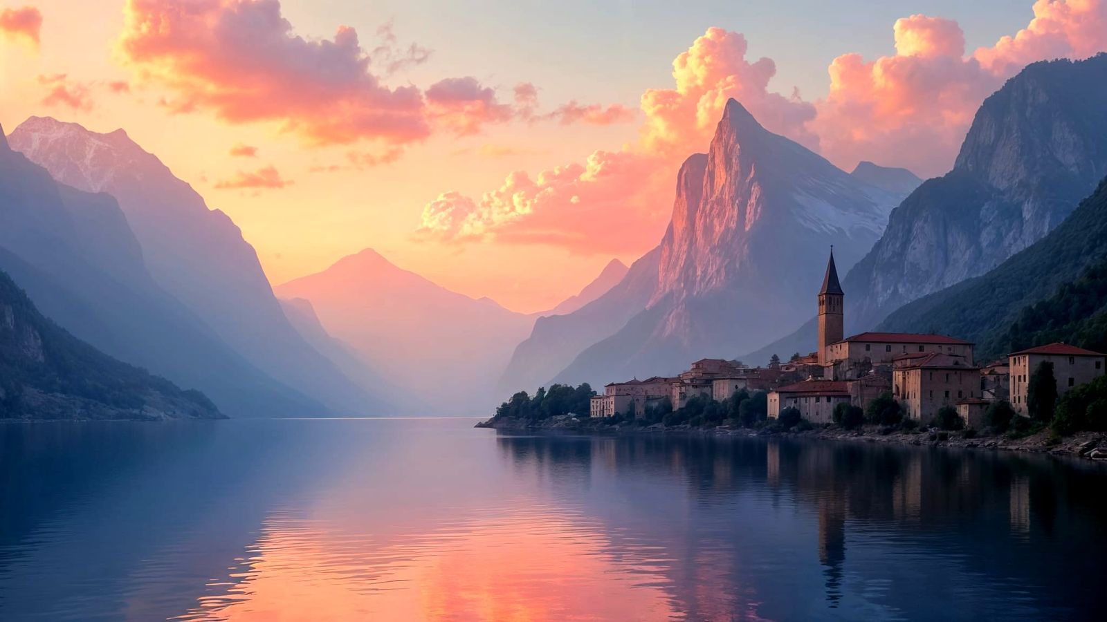 Peaceful Mountain Sunset with Medieval Town
