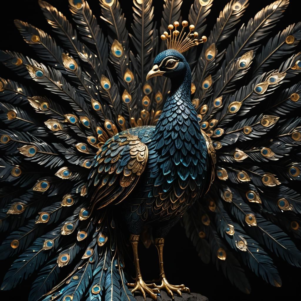 Detailed Carved Pfau Sculpture with Glowing Accents