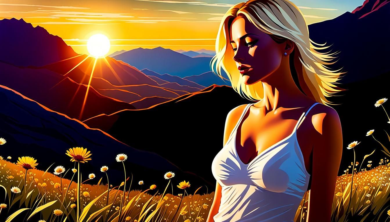 Alpine Meadow Sunset in Jamie Hewlett Style