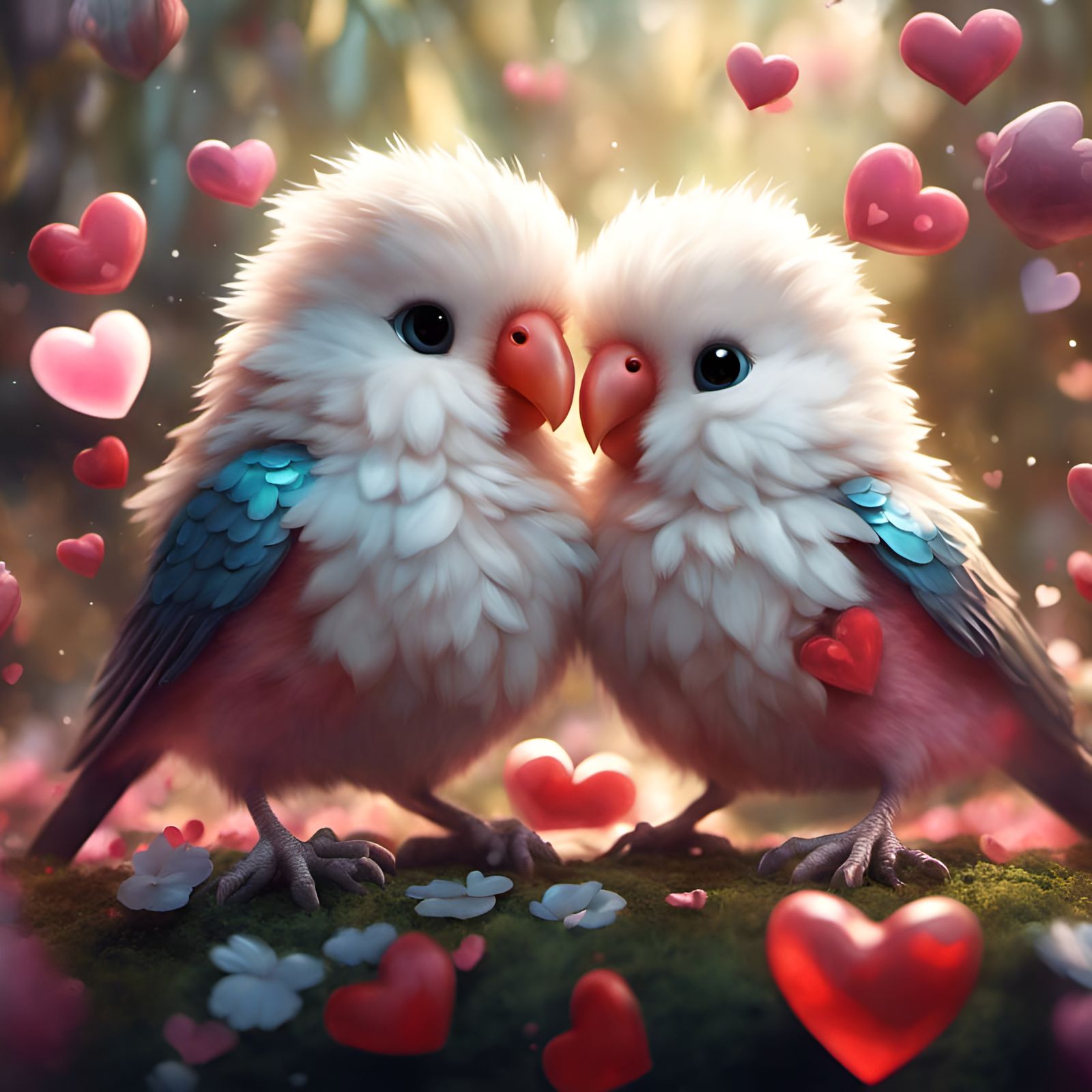 Chibi Anthropomorphic Lovebirds in a Detailed Garden