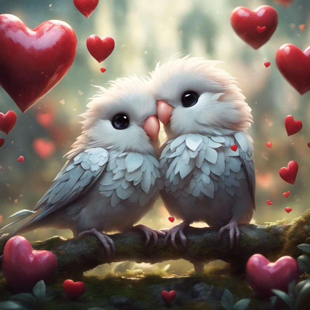 Chibi Lovebirds Surrounded by Hearts