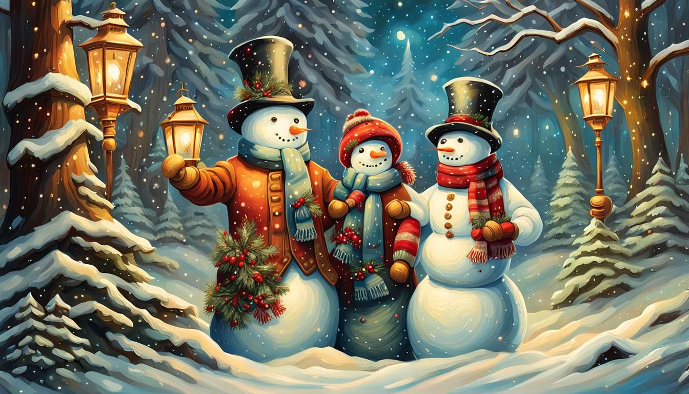 Victorian Snowman Family in Winter Wonderland