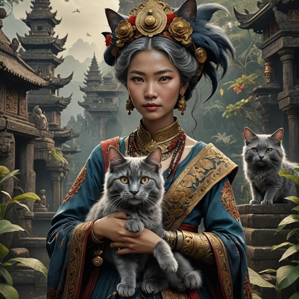 Javanese Woman with Nebelung Cat: Fantasy Art