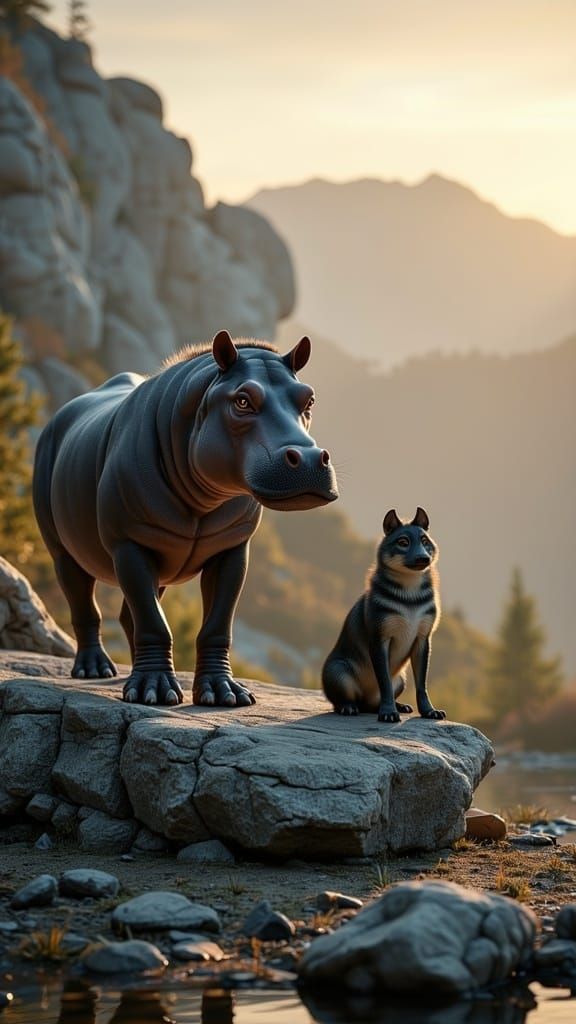 Surreal Hippo-Wolf Hybrid in Majestic Granite Landscape at S...