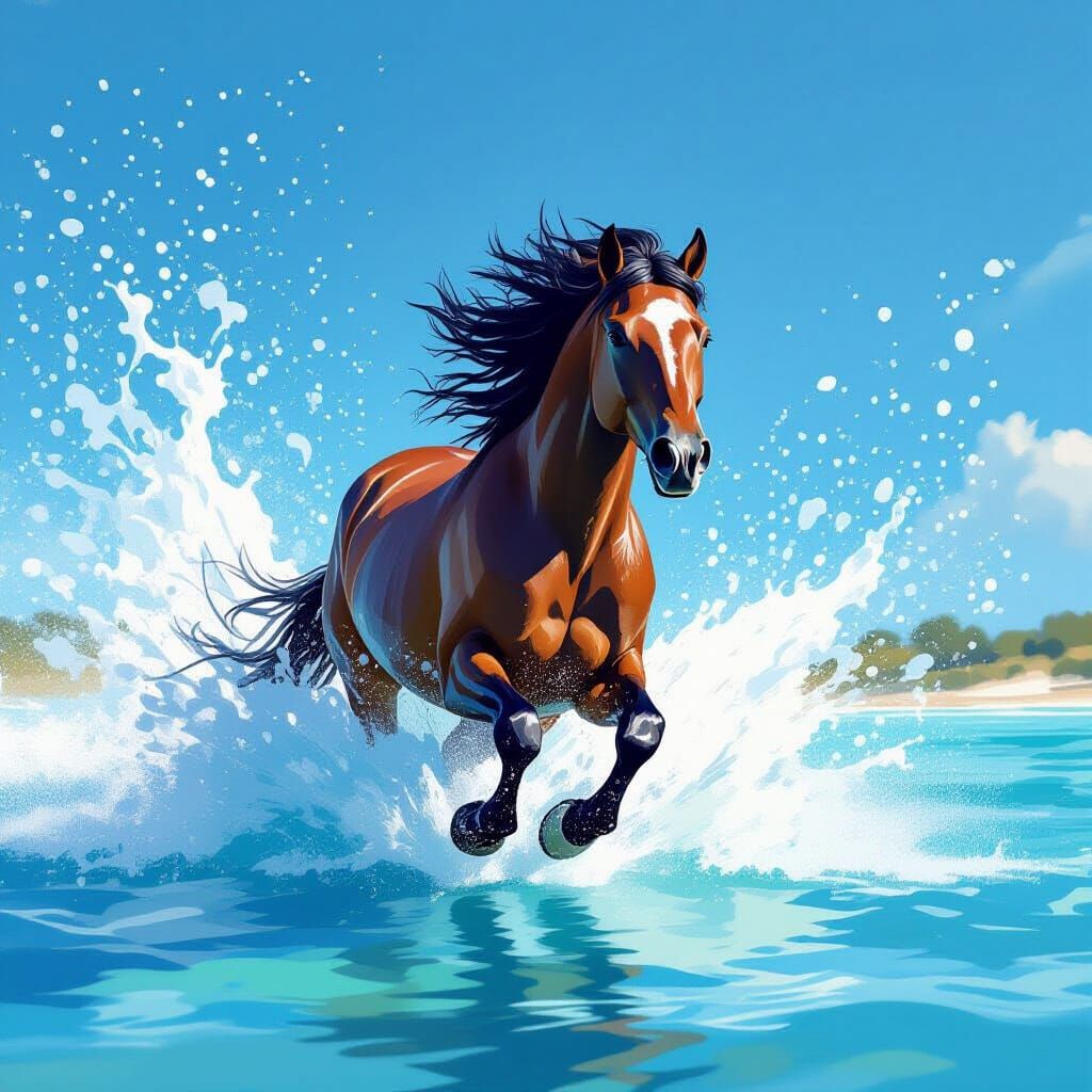 Galloping Horse Splashing in Crystal Waters