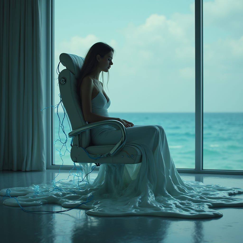 Liquid Office Chair with Electric Currents and Ocean View