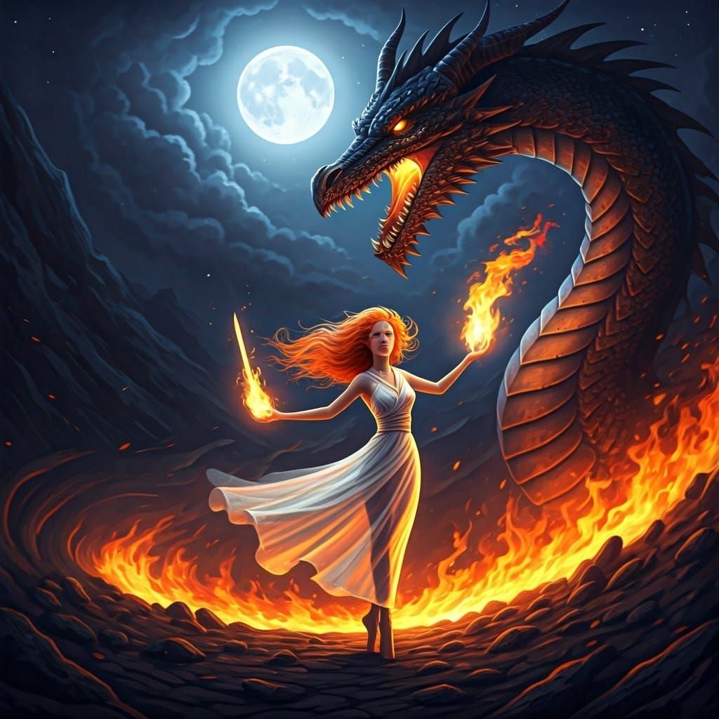 Fiery Maiden Dancing with Dragon in Fantasy Landscape