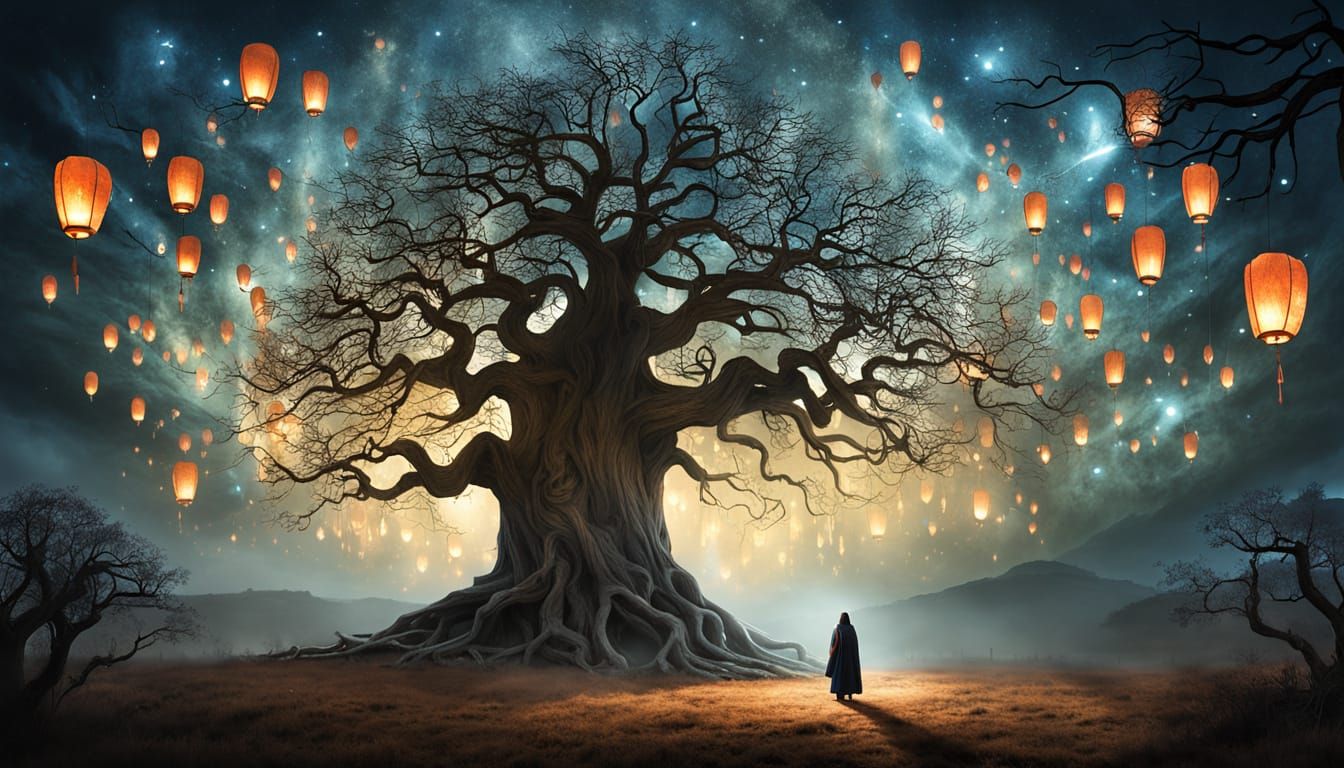 Figure Before Glowing Lantern Tree in Photorealistic Concept...