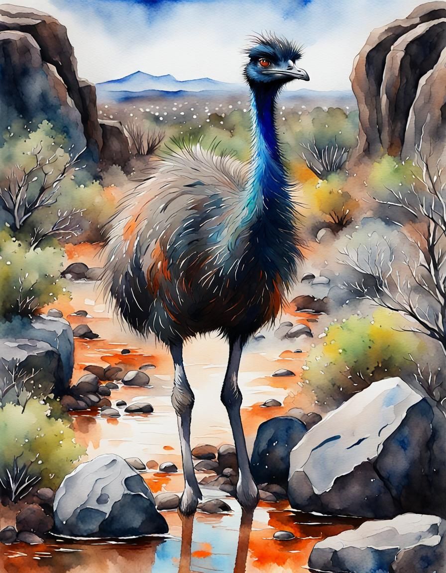 Emu in Australian Outback: Watercolor Splash Art