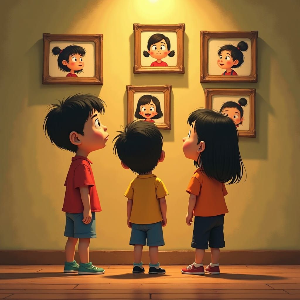 Cinematic Cartoon Children Stand in Front of Vintage Portrai...