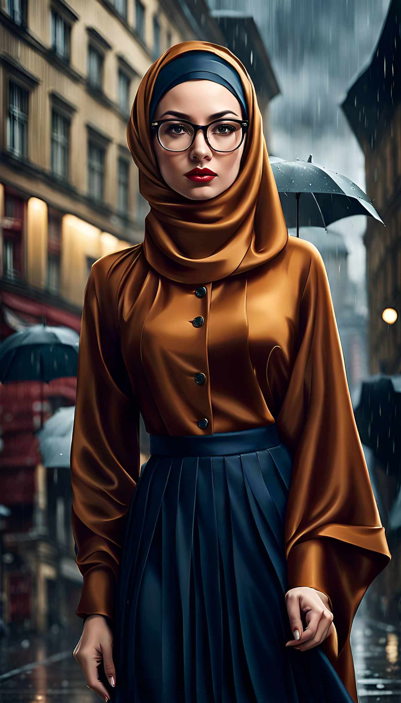 Confident Woman in Hijab Walks in Rainy City