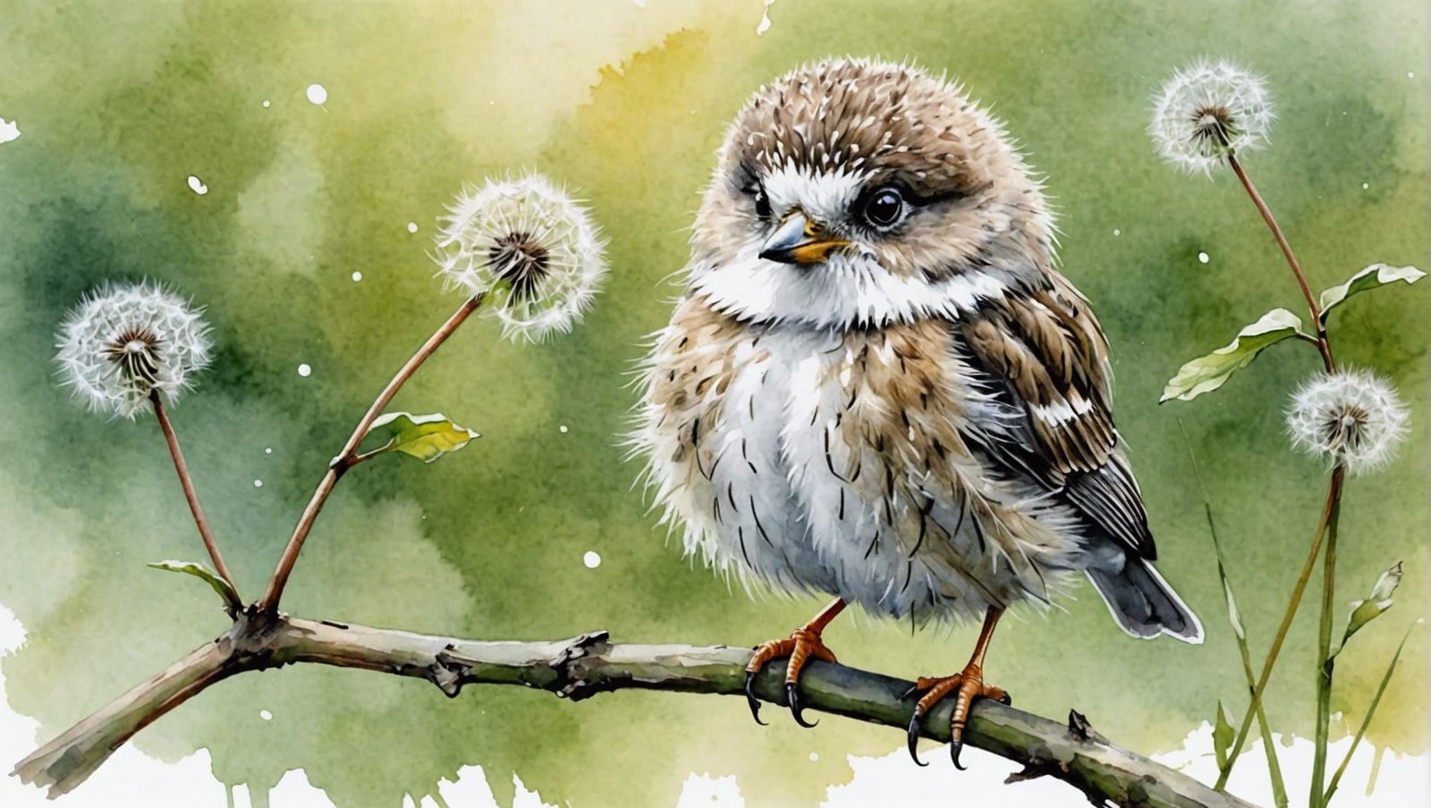 Pastel Dandelion Bird on Branch: Watercolor Painting