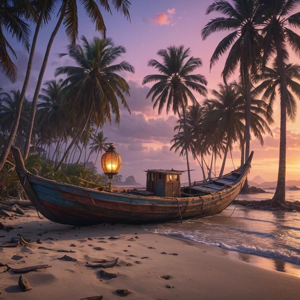 Worn Boat Stranded on Beach at Sunset