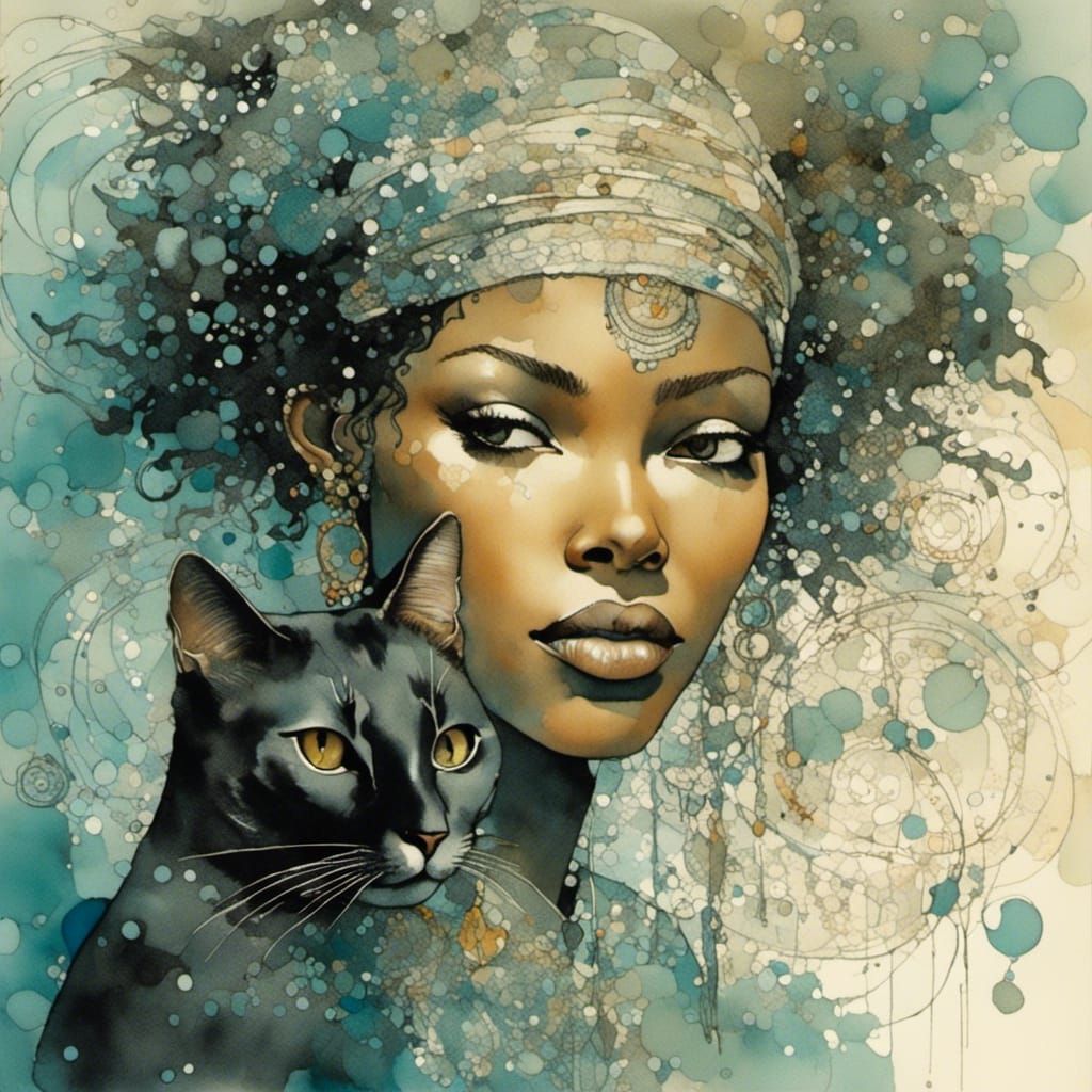 Black Women and Cats in Pointillist Style