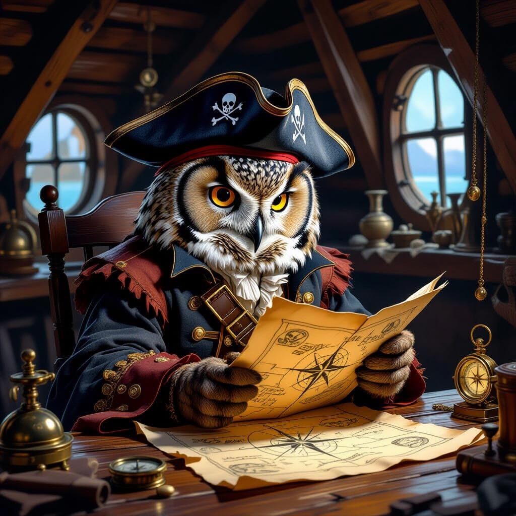 Pirate Owl Concentrates on Treasure Map as Painting