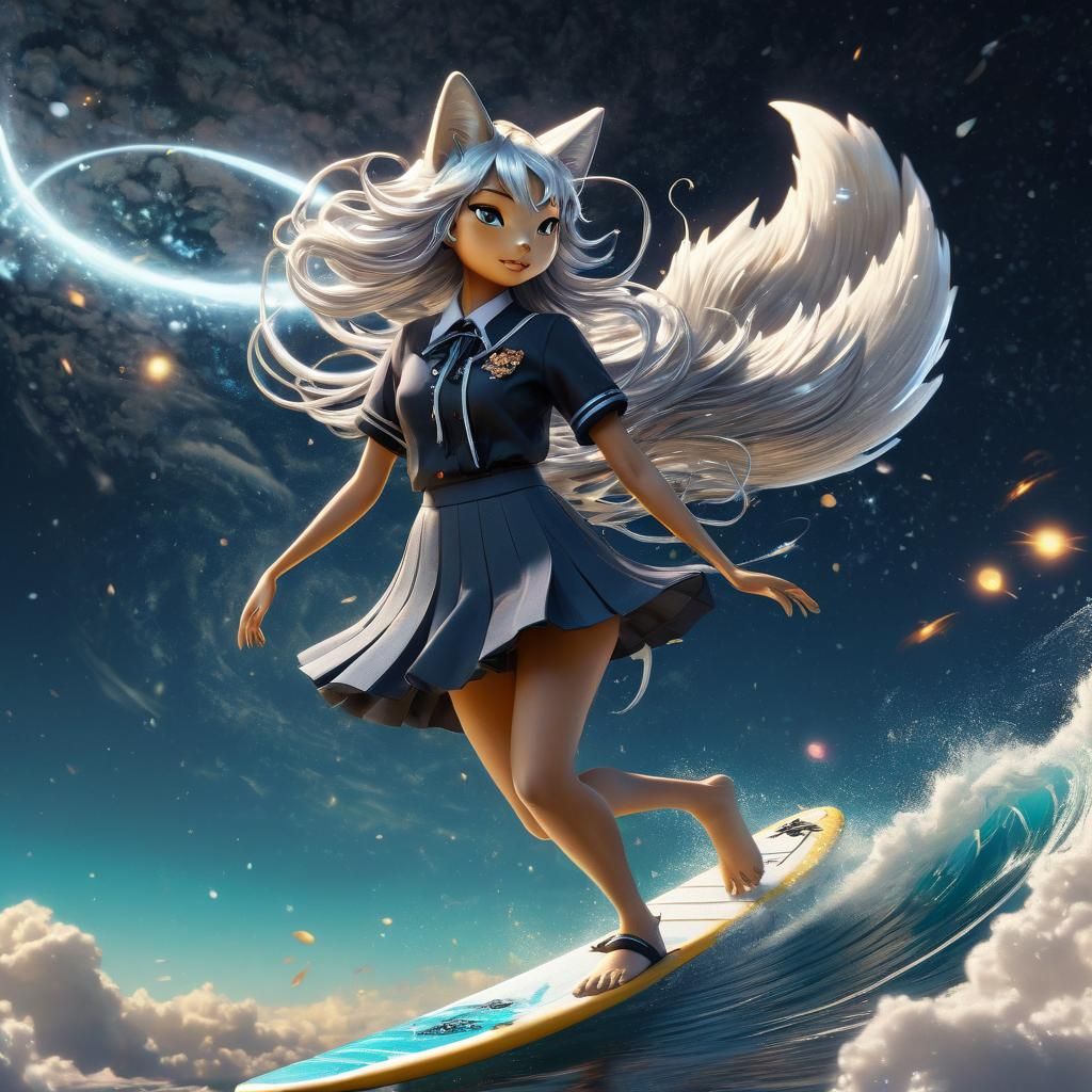 Japanese Kitsune teenage female half-human half-vixen in schoolgirl uniform
