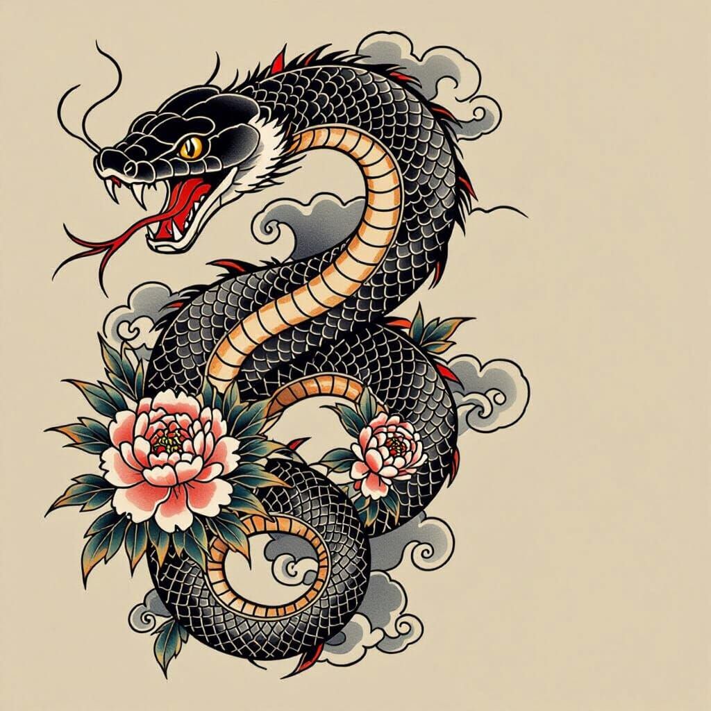 Ukiyo-e Snake Tattoo Design with Peonies