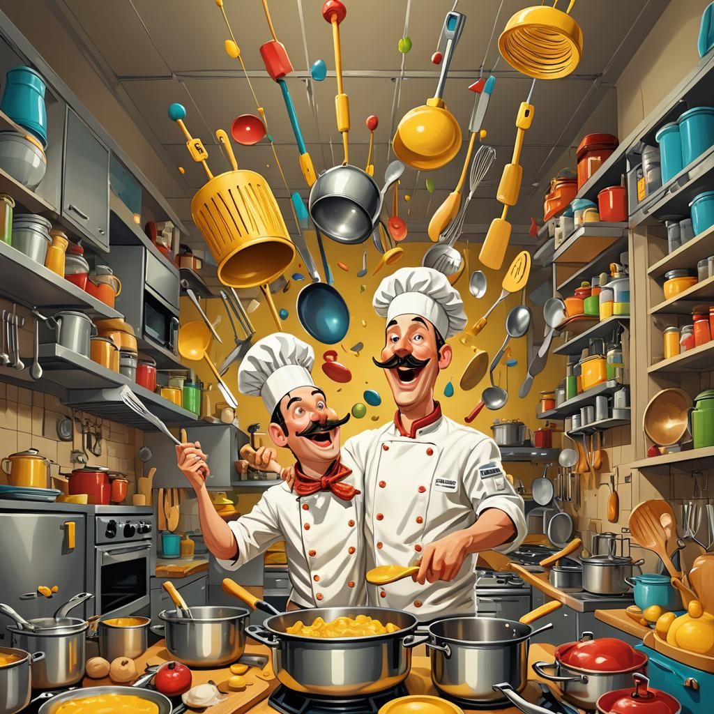 Playful Chef Juggling Utensils in Kitchen Chaos