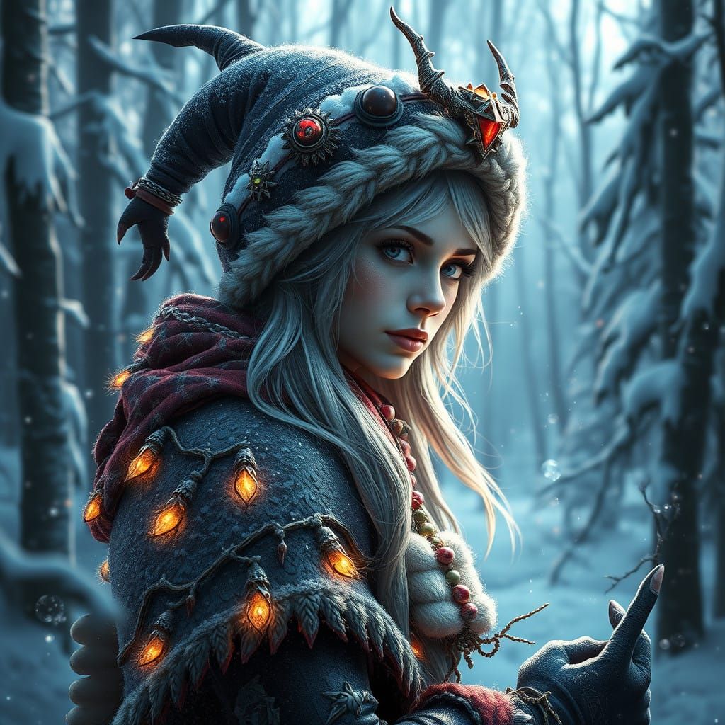 Gryla the Christmas Witch in Snowy Forest Landscape