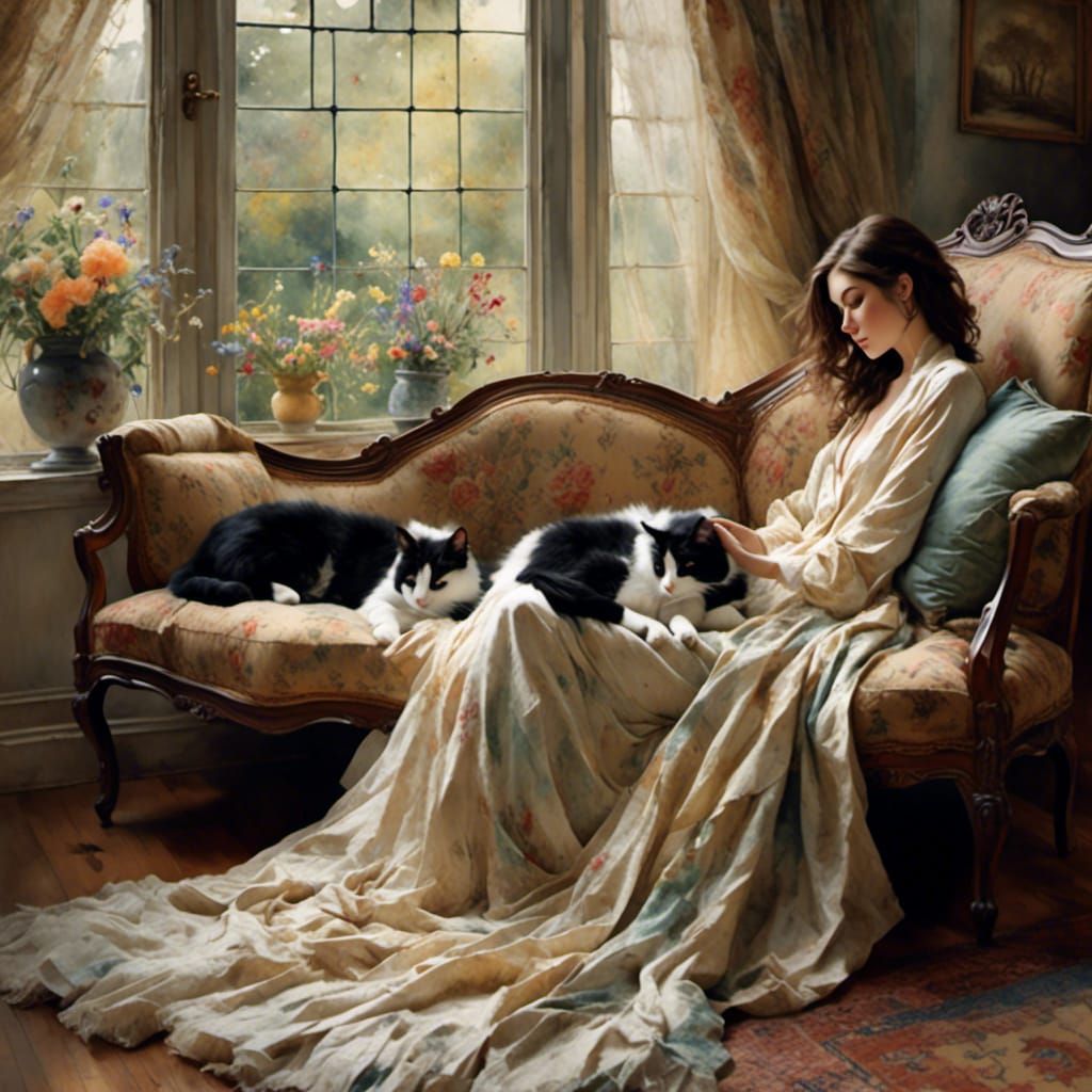 Brunette in Silk Robe with Cat: Antique Watercolor