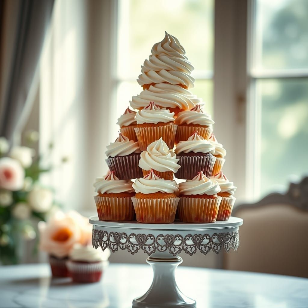 Whipped Cream Cupcake Tower in Elegant Lighting