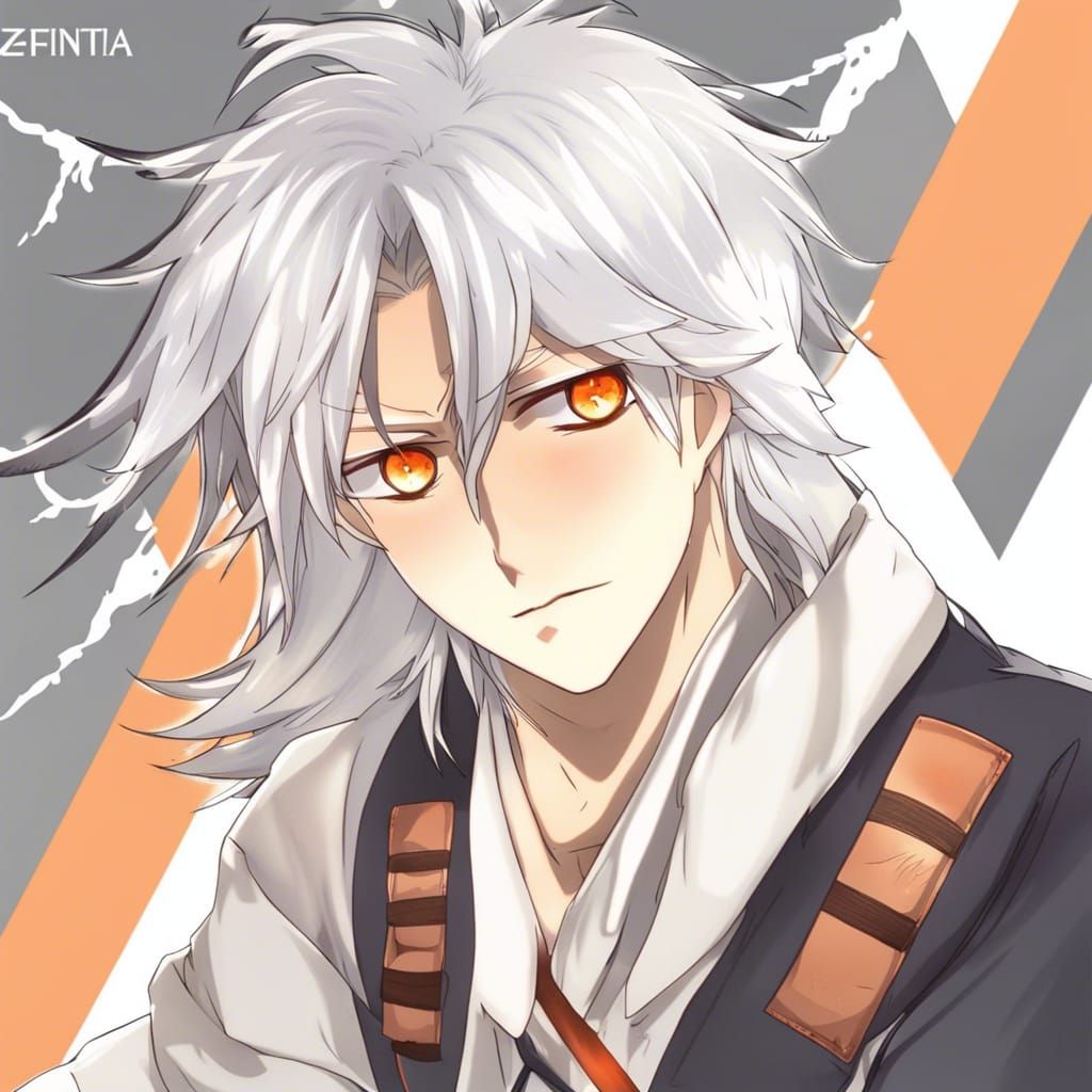 Anime Male with White Hair and Orange Eyes