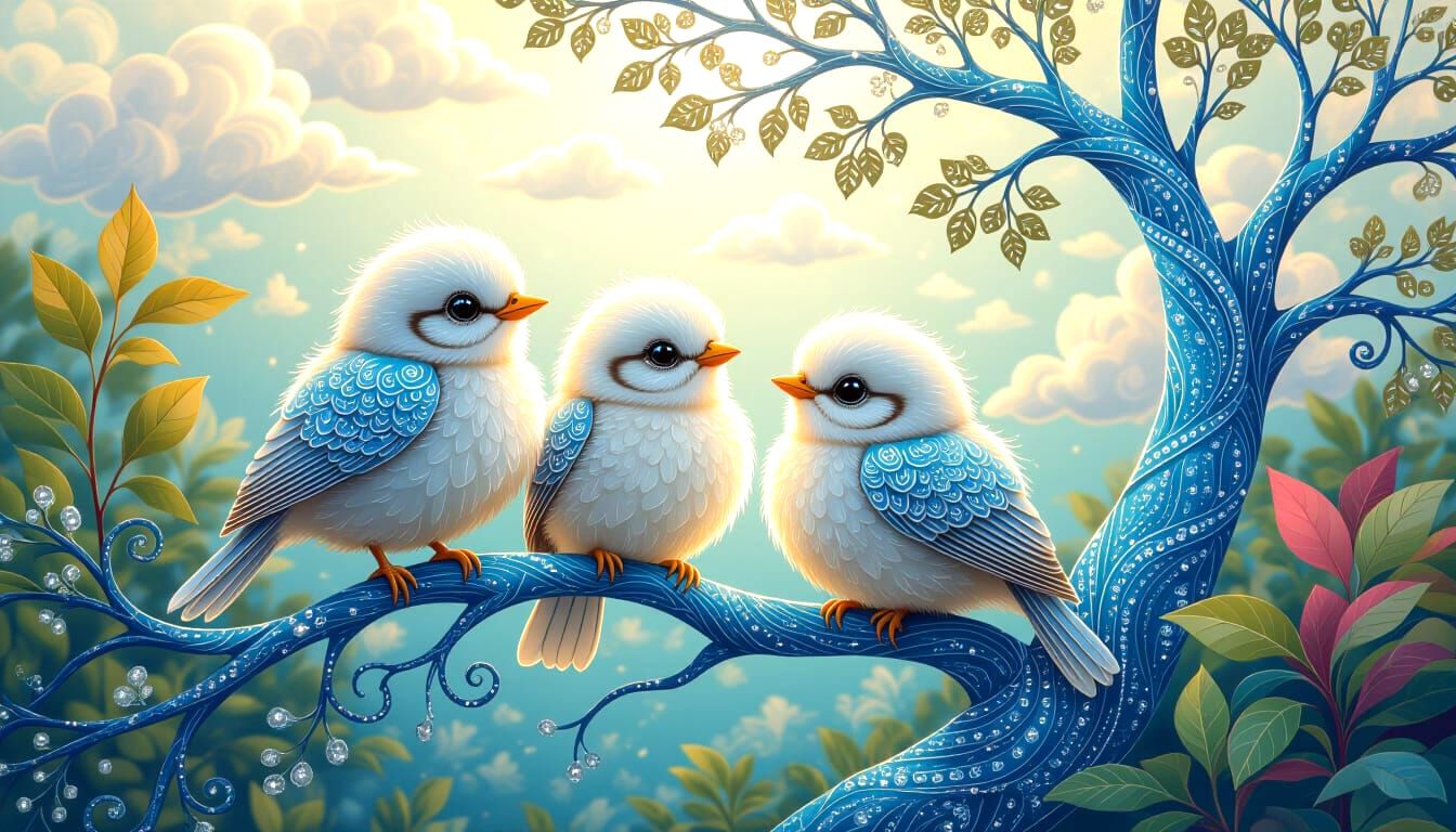 Colorful Stitched Birds on Branch in Embroidered Style