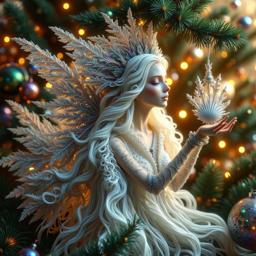 Fairy Decorates Christmas Tree with Sparkling Bauble