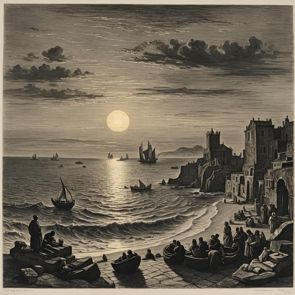 Mediterranean Sunrise in Etching and Golden Age Styles