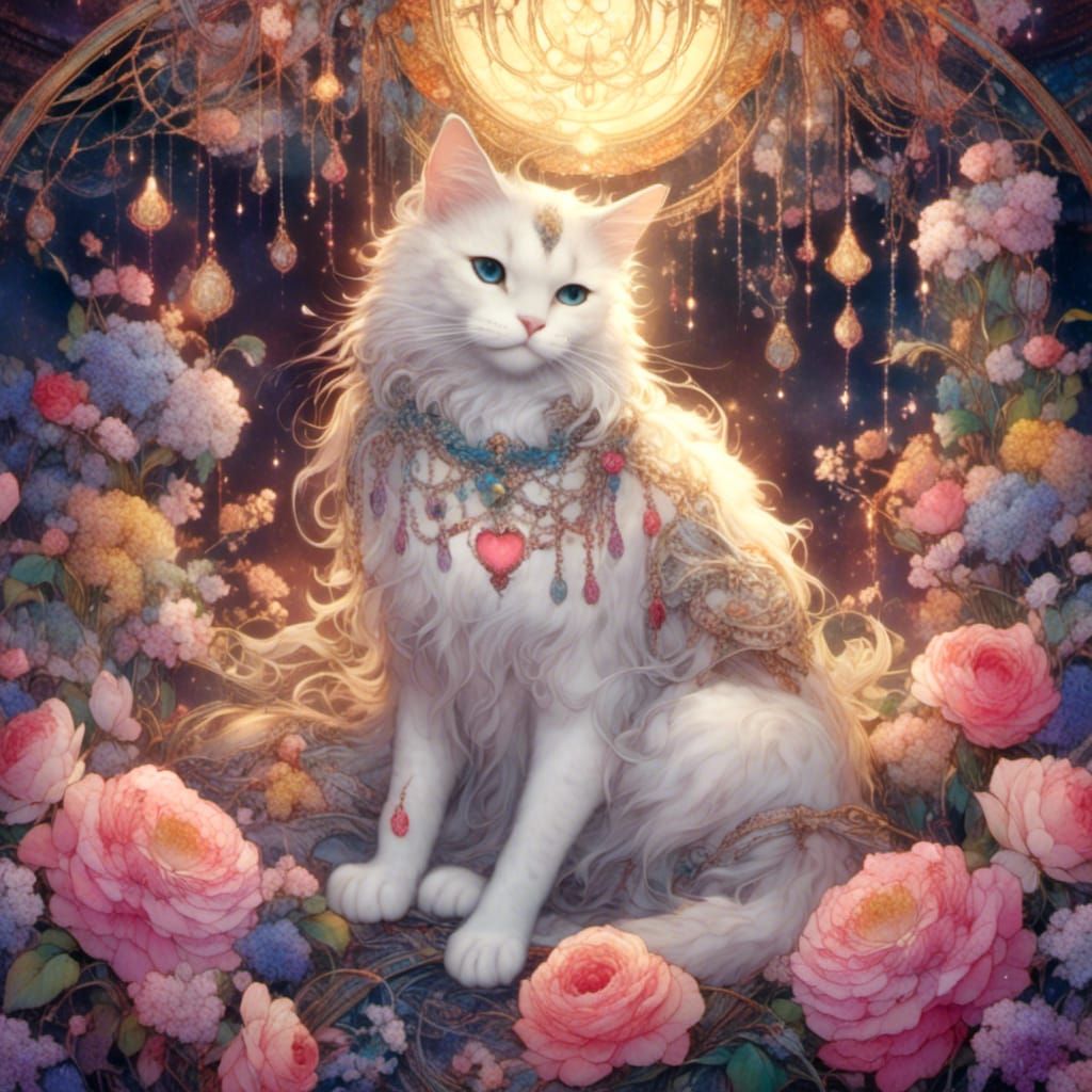 Cute Cat in Flowers with Heart Lights