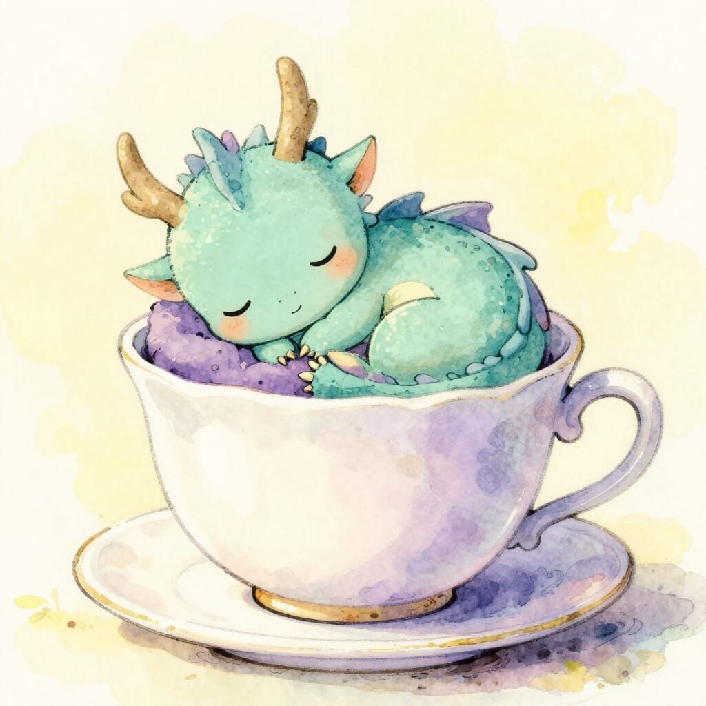 Baby Dragon Sleeps in Teacup: Watercolor & Ink Illustration