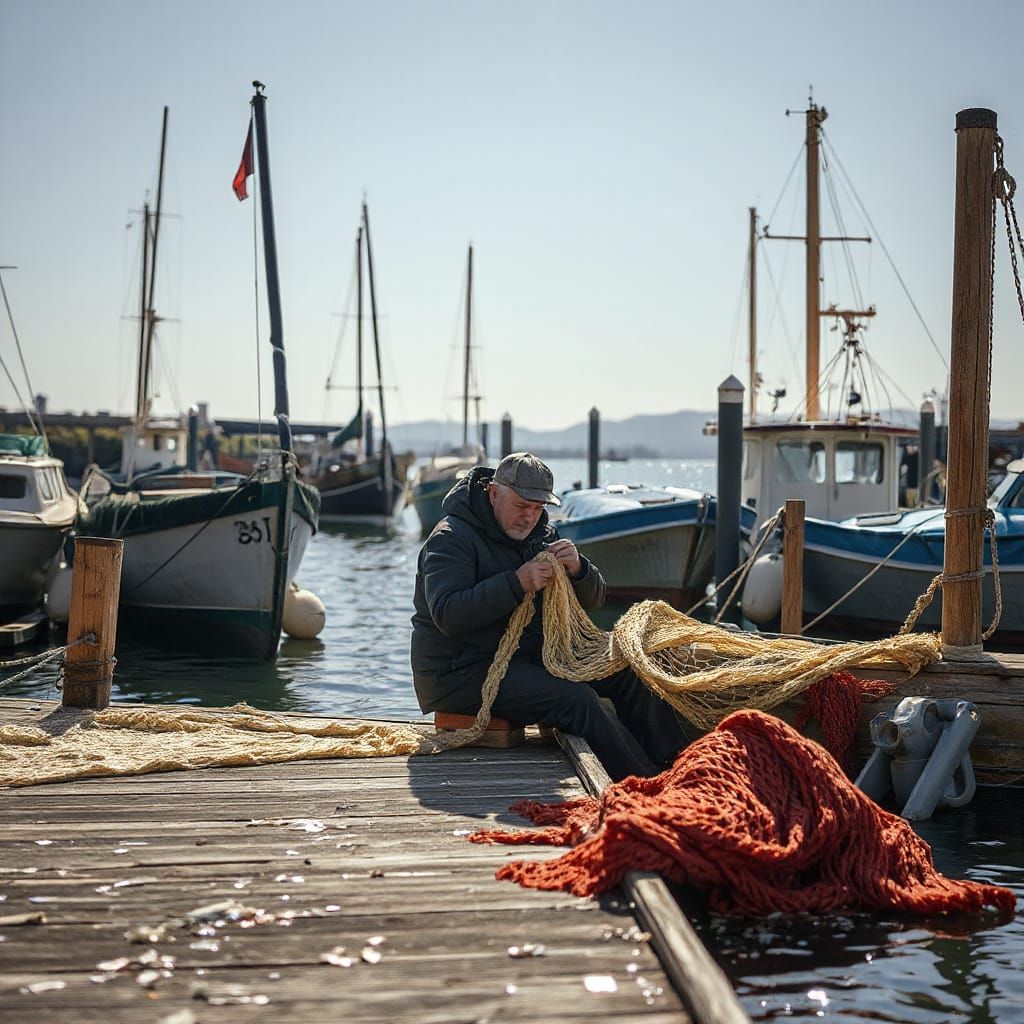Fisherman Repairs Nets in Sunny Harbor, Digital Art