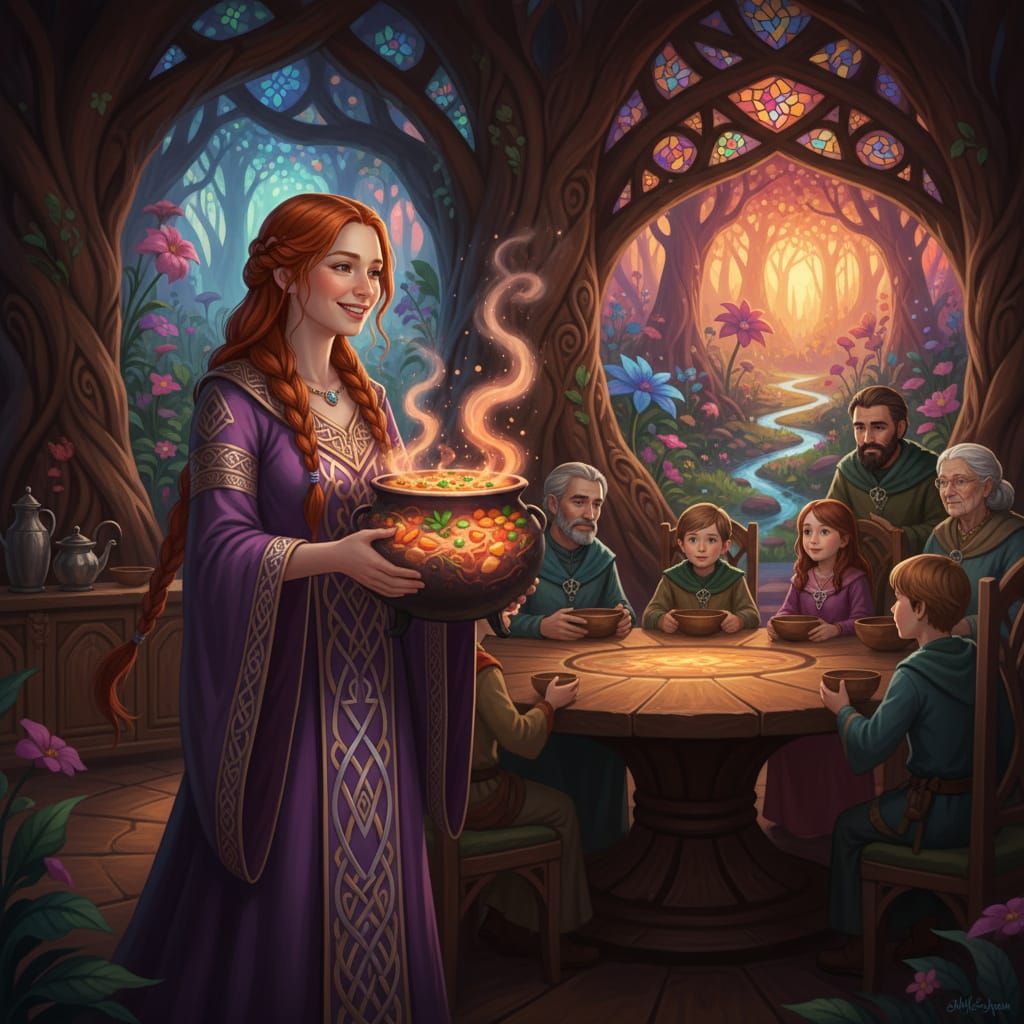 Celtic Woman Carries Magic Cauldron in Giant Tree Home