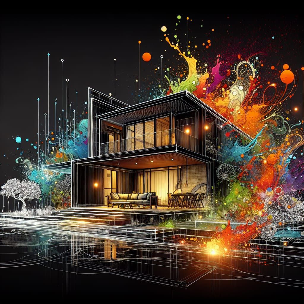 Modern Home Line Art with Fire and Ice