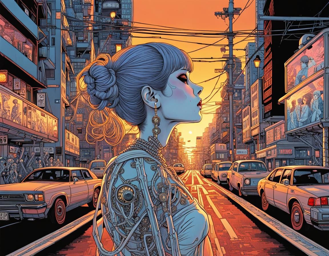 Cyberpunk Skeleton Dances in City at Sunset