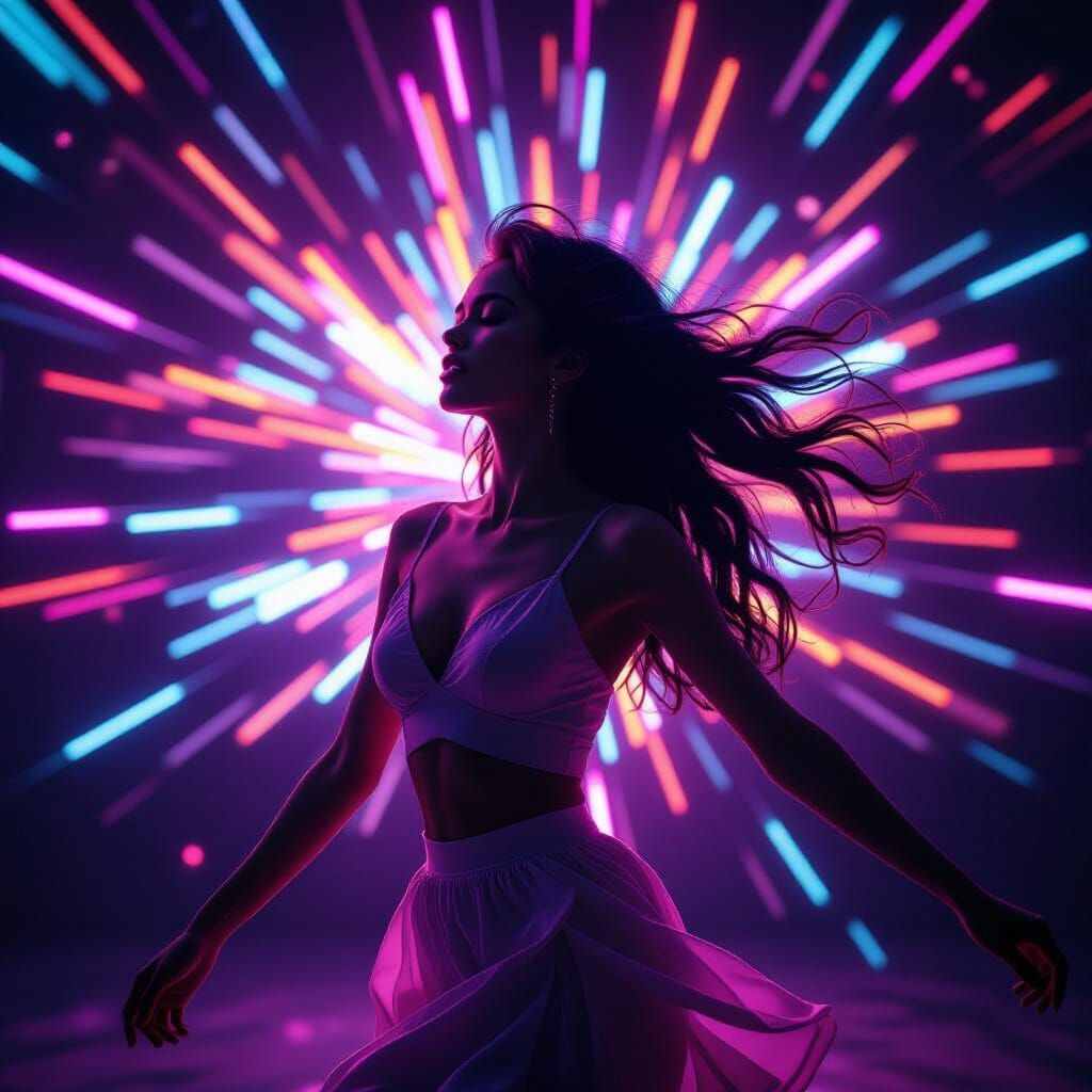 Woman Dancing in Explosive Neon Light Burst