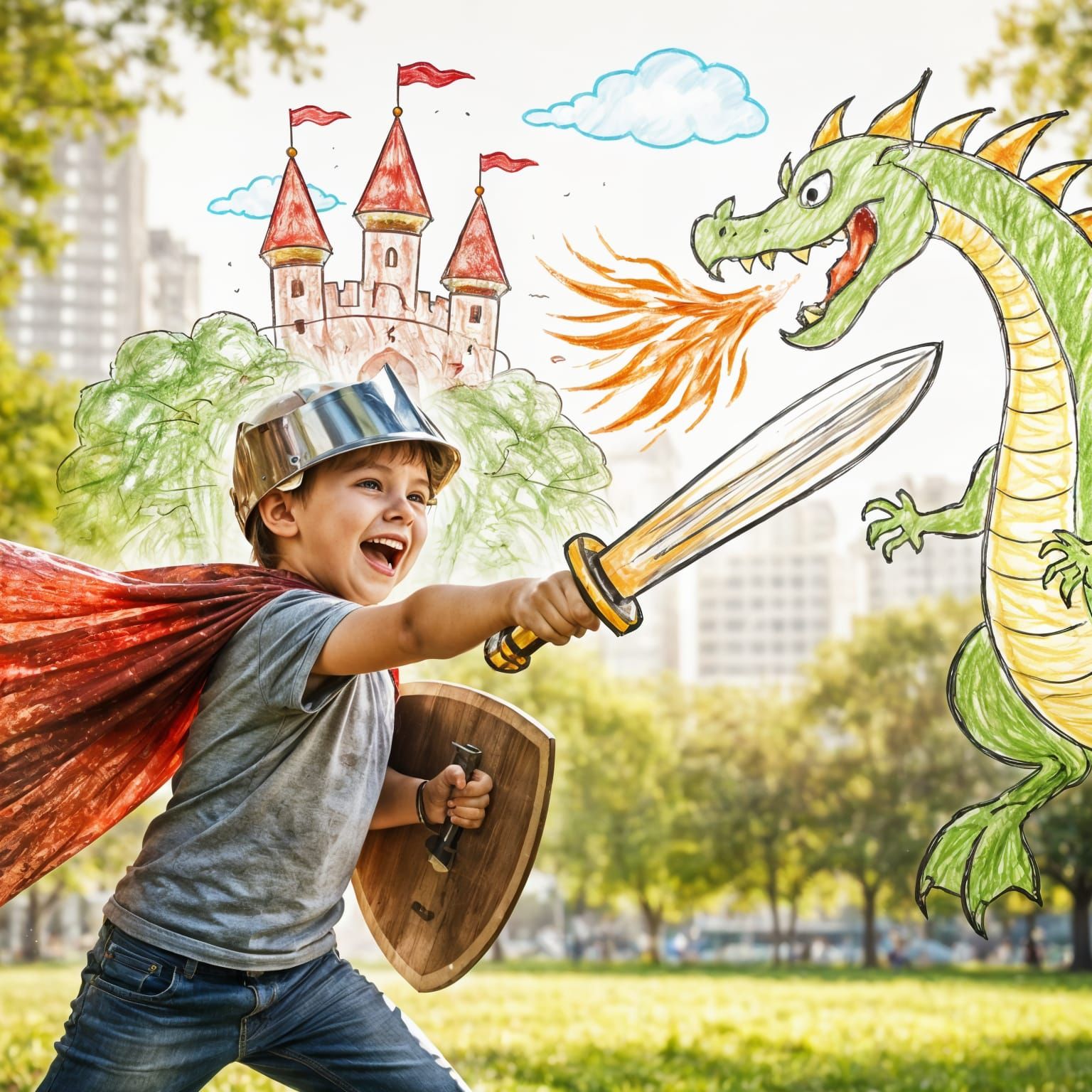 Child's Heroic Knight Fantasy in City Park
