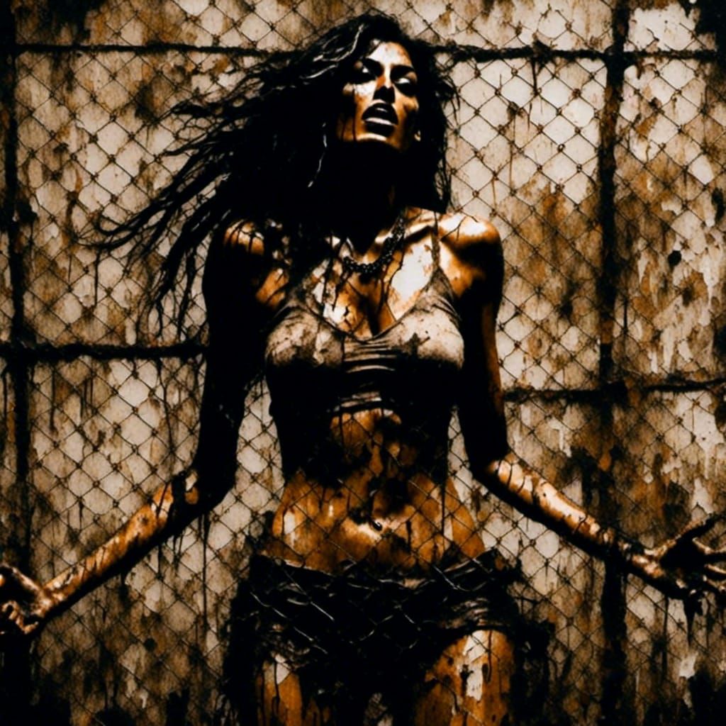 Anguished Figure Against Chain-link Fence as Impasto Paintin...