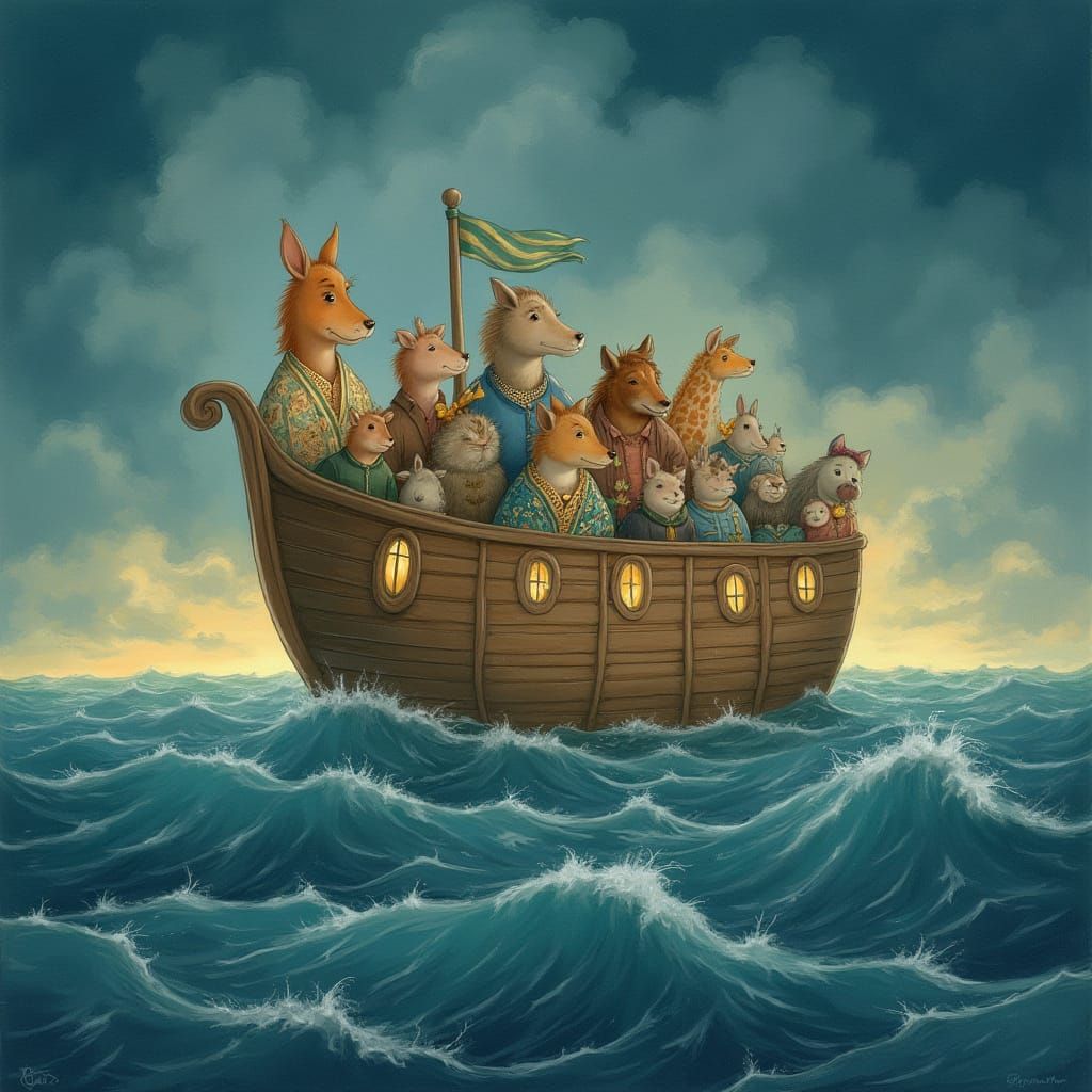 Noah's Ark on Stormy Sea: Pastel Drawing
