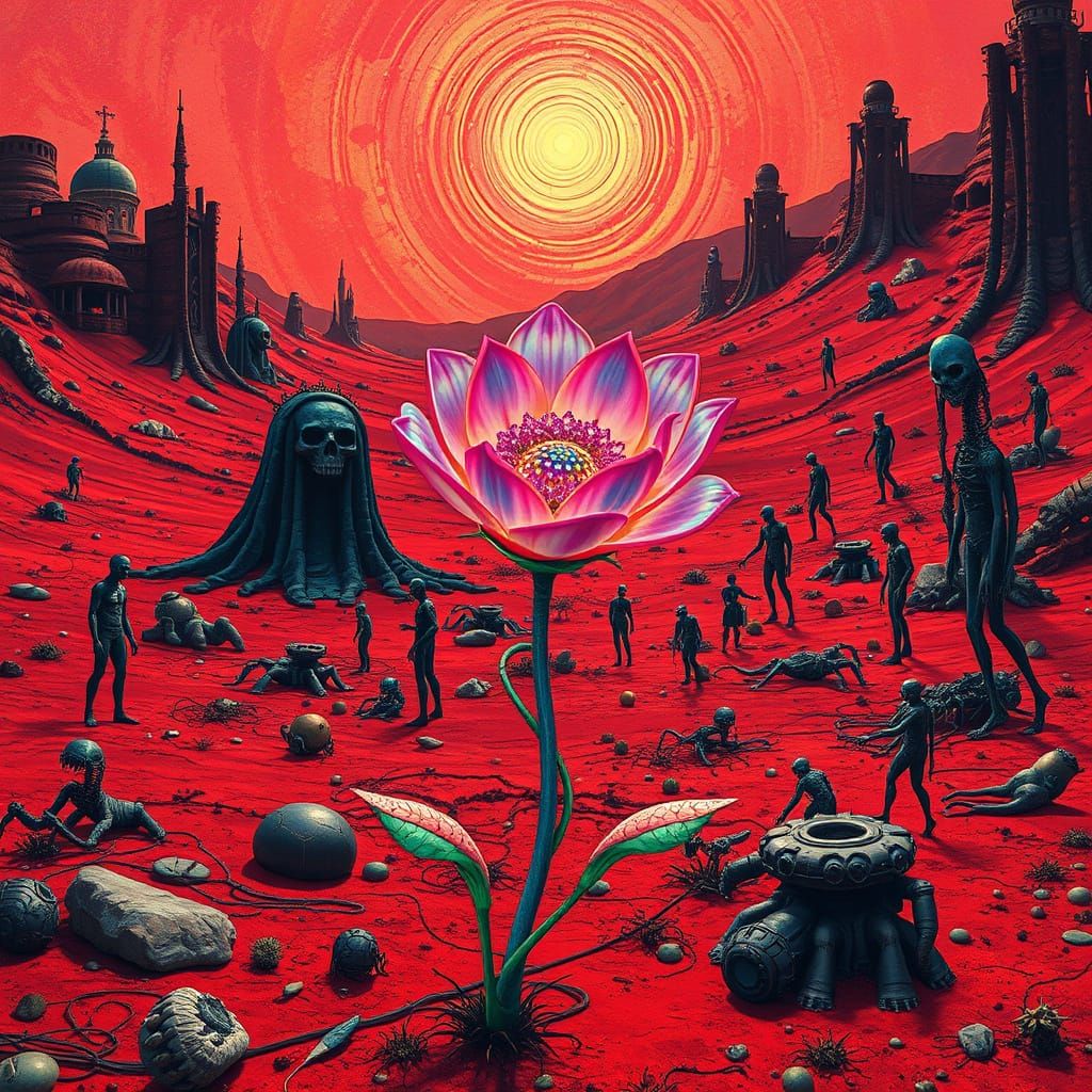Surreal Psychedelic Bloom in a Crimson Alien Landscape