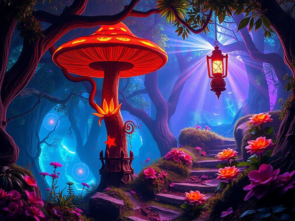 Ethereal Neon Wonderland with Lava Mushrooms and Gothic Lant...